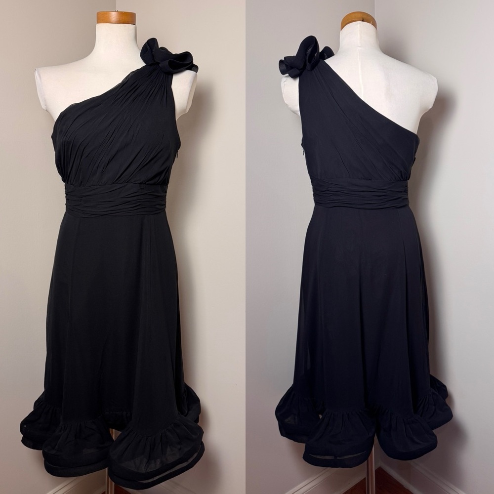 DONNA RICCO 100% Silk One-Shoulder Dress w/ Structured Ruffles BLACK / SIZE 6